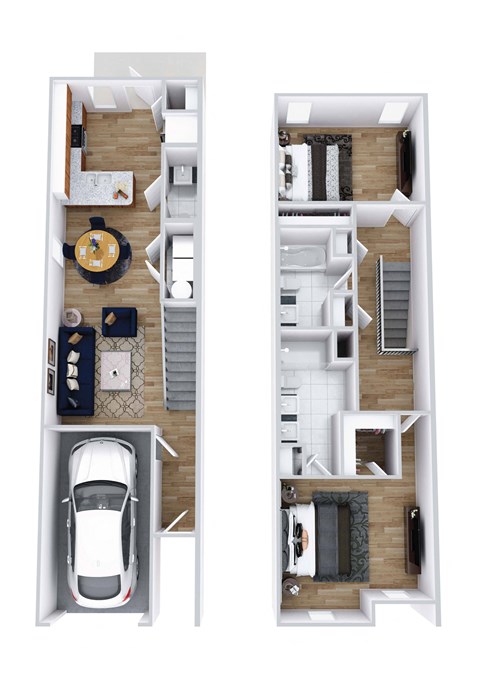 two dimensional floor plans of a house with a white car